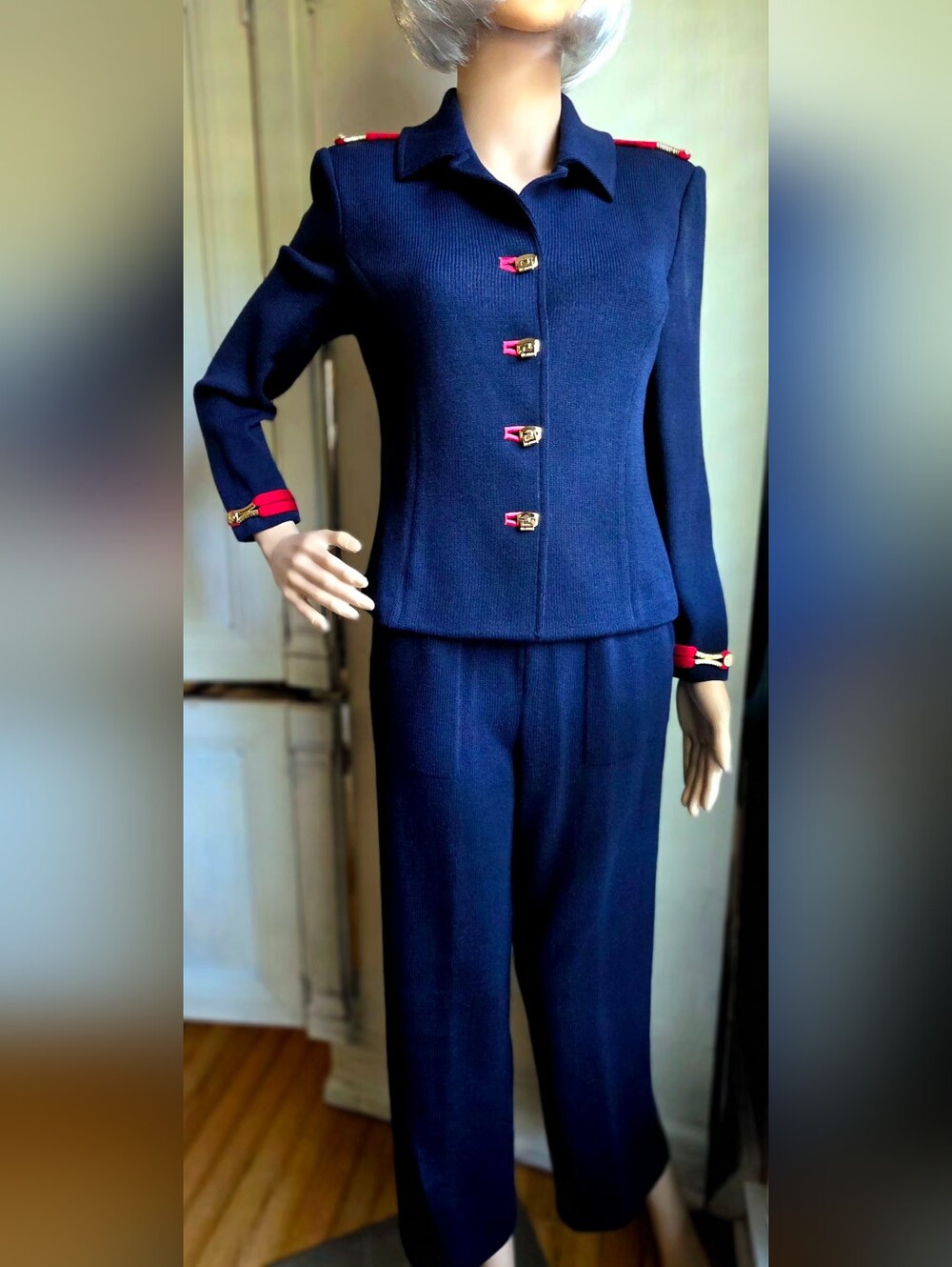 St John Collection Navy Military Jacket St John Sport Pants 2 Piece Set
